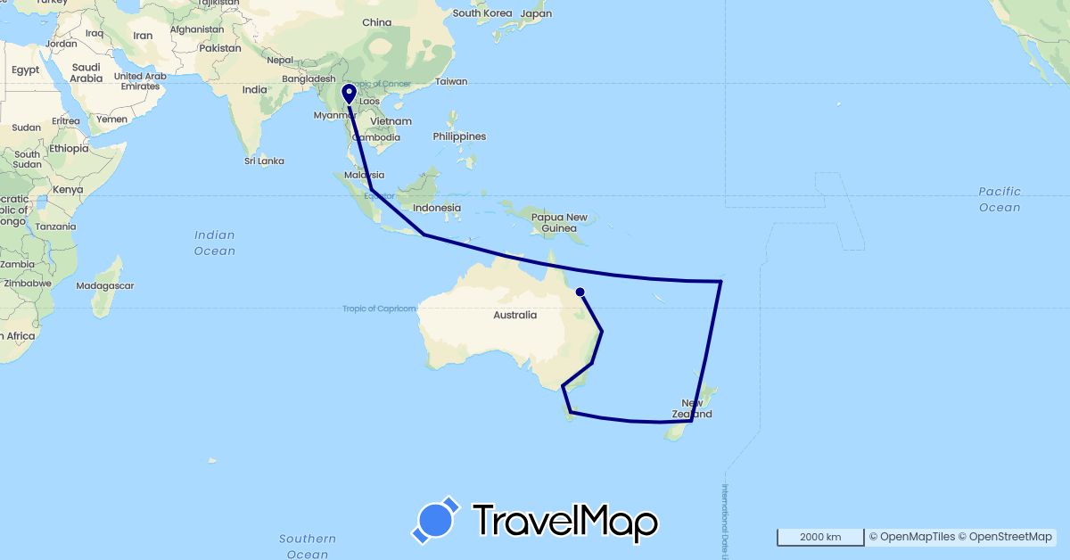TravelMap itinerary: driving in Australia, Fiji, Indonesia, New Zealand, Singapore, Thailand (Asia, Oceania)